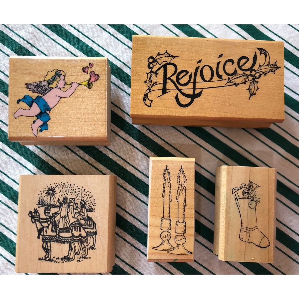 5 Rubber Stamps ANGEL TRUMPET REJOICE GIFT‎ Holiday Nativity Candles Stocking